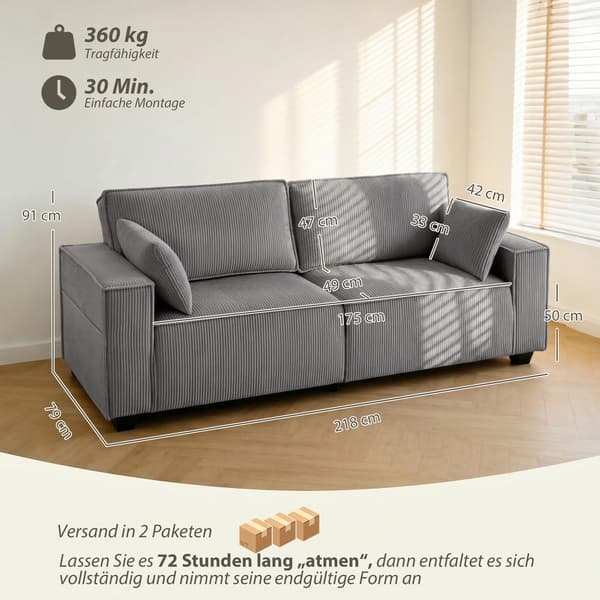 Sofa 3-personers 218x79x91 cm Lys grå fløjl polstring
