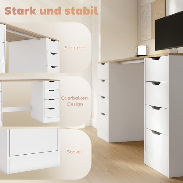 Computerskrivebord, 140x53x75 cm, Hvid, Træ og Stål