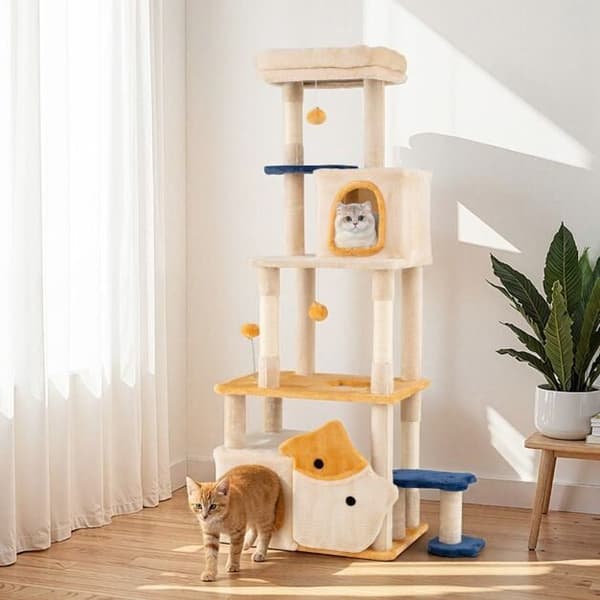 Kattetårn, 85x42x159 cm, Beige, Træmøbel til katte