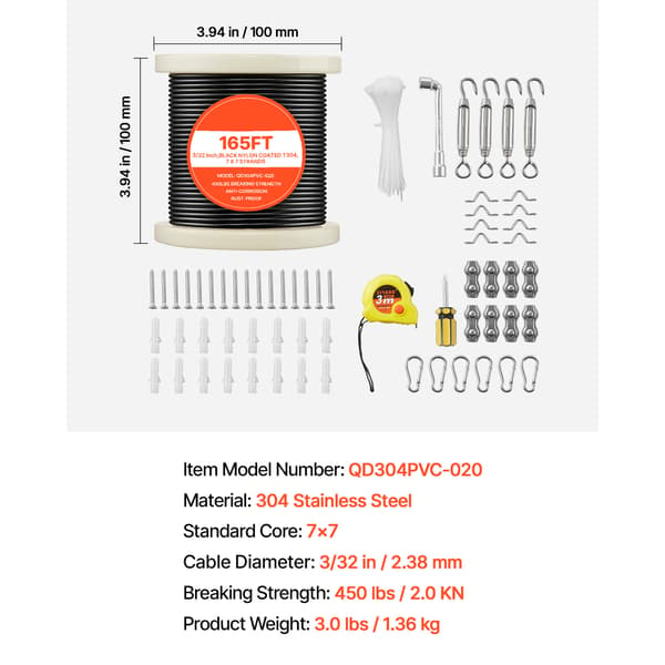 Wire Rope Kit, 2,38 mm 50,3 m 304 rustfrit stål, Stål