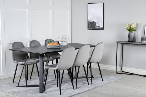 Spisebord og stol sæt, sort og lysegrå velour