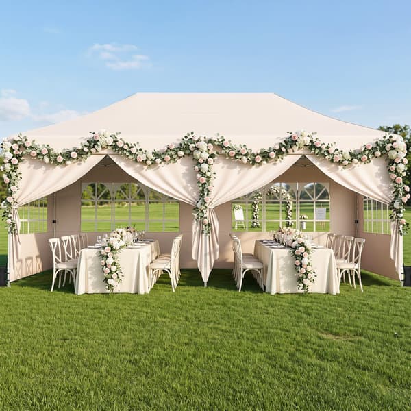 Sammenklappelig pavillon med 4 sidepaneler 3x6x2,9-3,1 m beige