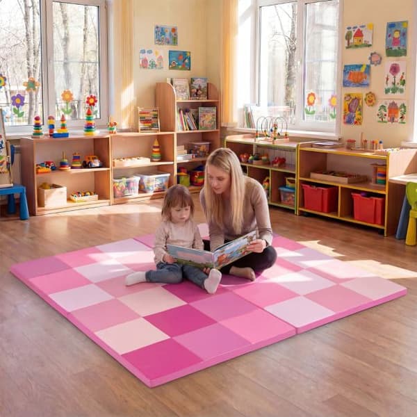 Legeunderlag til småbørn, sammenklappeligt, patchwork, vandtæt, kunstlæder, lyserød