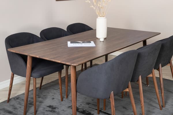 Spisebord og stole sæt Polar 180 cm valnød sort stof