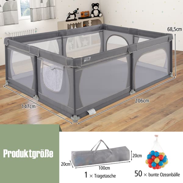 Babylegeindhegning med 50 bolde 206x147x68,5 cm mørkegrå