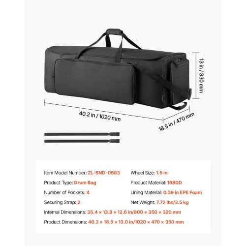 Trommehardwaretaske, 90x35x32 cm, Sort, 1680D stof