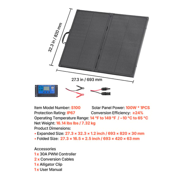 Solpanel, Foldbar Monokrystallinsk 100W, 69.3x82x3 cm, Bærbar