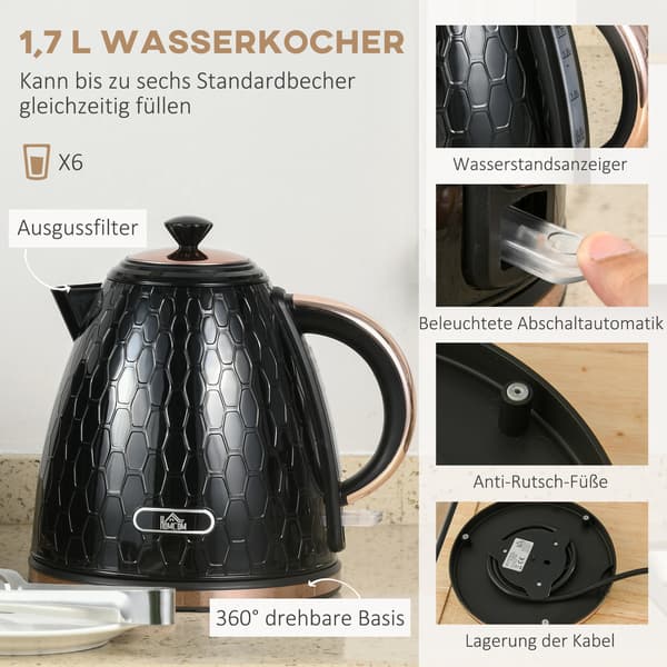 Kedel og brødrister sæt, 1,7 L, sort, plast