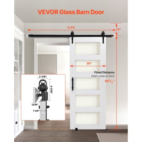 Skydedør i lade-stil, 76,2x213,4 cm, Hvid, MDF-panel og glas