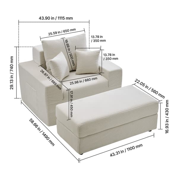 Chaiselongstol, 111,5x149x74 cm, Beige, Fløjl