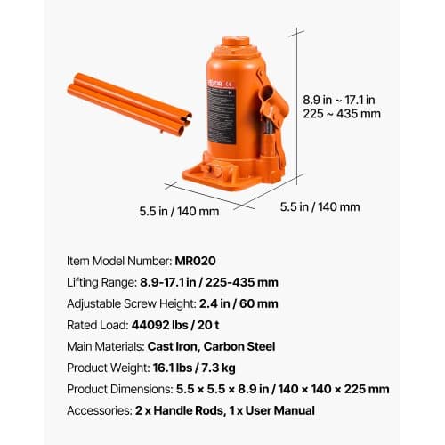 Hydraulinen pullotunkki, 225x435 mm, oranssi, raskas käyttö