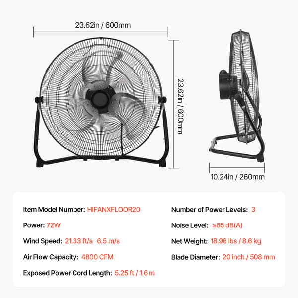 Gulvventilator, 60x26x60 cm, Sort, Metal