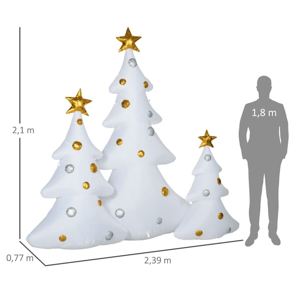 Set med 3 uppblåsbara julgranar 239x77x210 cm vit/guld/blå