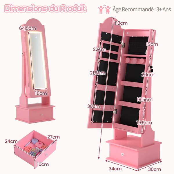 Smykkeskab, 34x30x113 cm, Pink, MDF