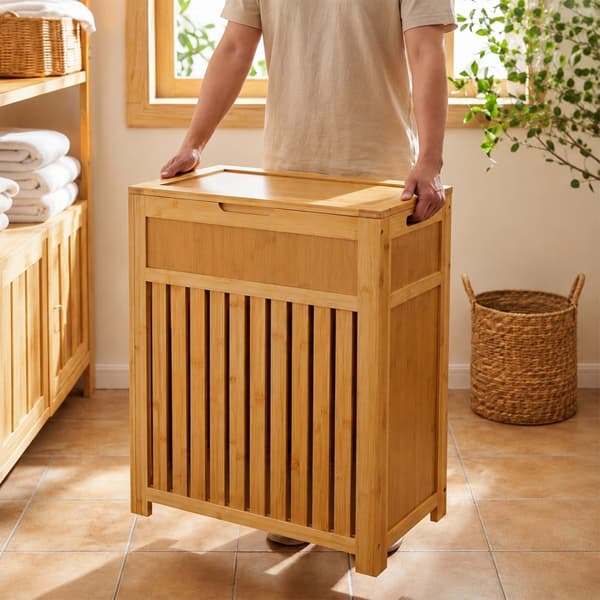 Pyykkikori kannella, bambu, 80 l, Kodustaar