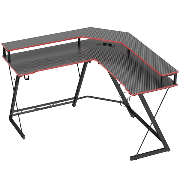 L-formet computerbord med strømudtag 128x128x88 cm kulfiber sort