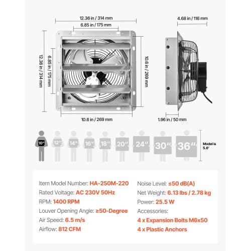 Shutter udsugningsventilator HA-250M-220 314x314x168 mm sølv