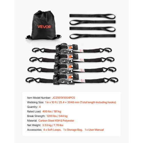 Surringsremme, 25,4x300 cm, 4-pak, Sort, Polyester