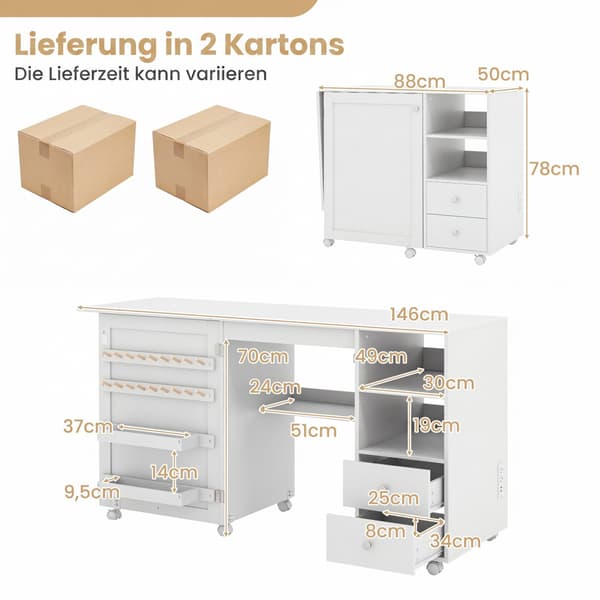 Sybord med hjul, foldbart 146x50x78 cm hvid