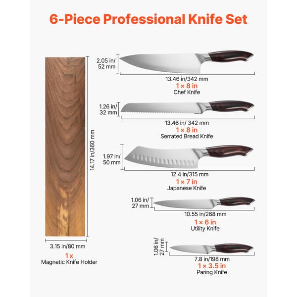Knivsæt til køkken, 6 dele, 34.2x5.2x20.8 cm, brun, rustfrit stål