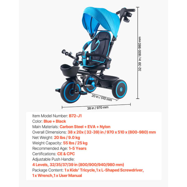Løbecykel til småbørn 97x54x80-98 cm Blå Sort Justerbart Sæde