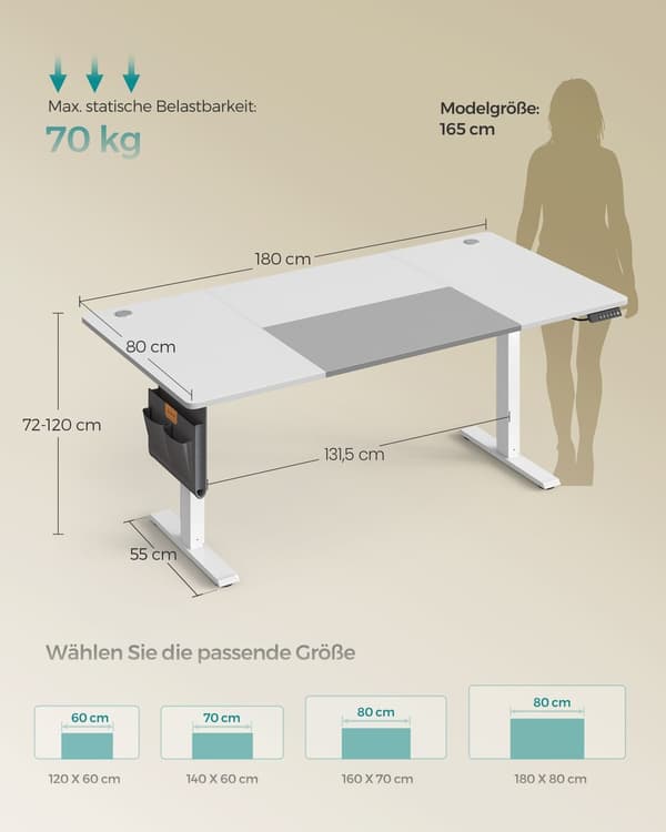 Højdejusterbart skrivebord, 60x120x72-120 cm, Hvid, Elektrisk