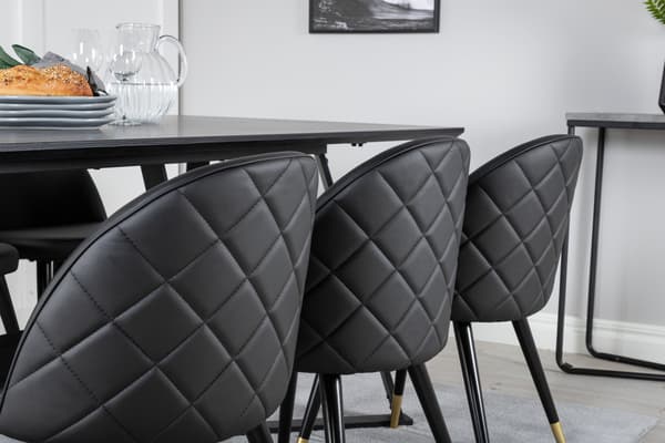 Spisebord og fløjls spisebordsstole, sort