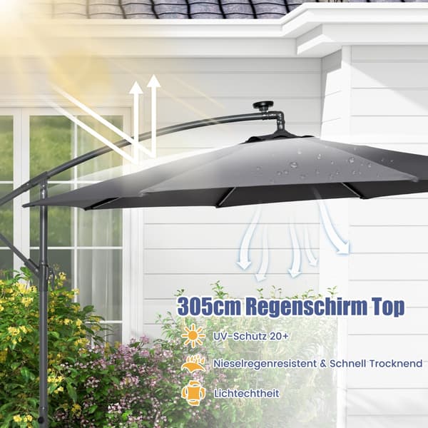 Parasol med solcelle-LED-lys og sandposer Ø300 cm grå
