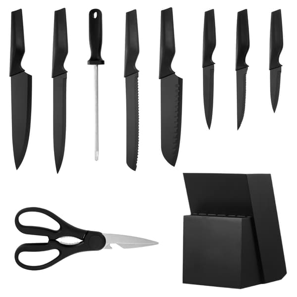 Knivsæt til køkken, 15 dele, 16.2x16.5x32.5 cm, sort, rustfrit stål
