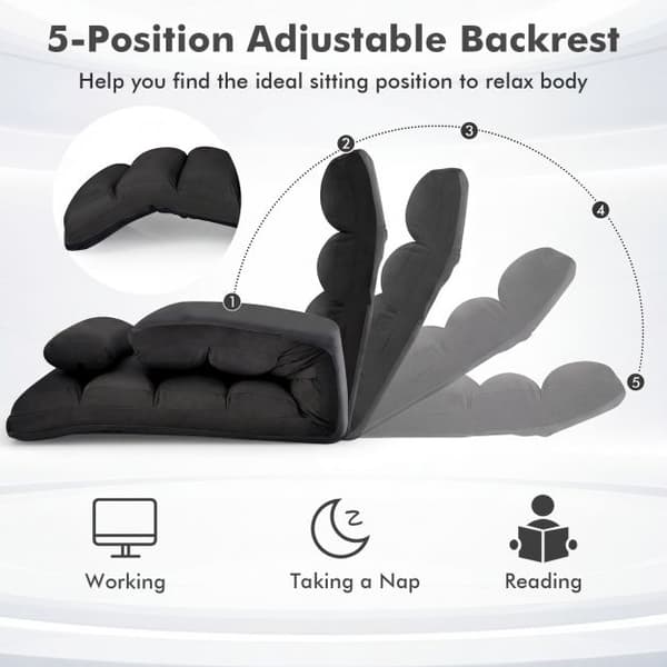 Foldbar gulvsofa med pude, 5-positioners justerbar rygstøtte, sort