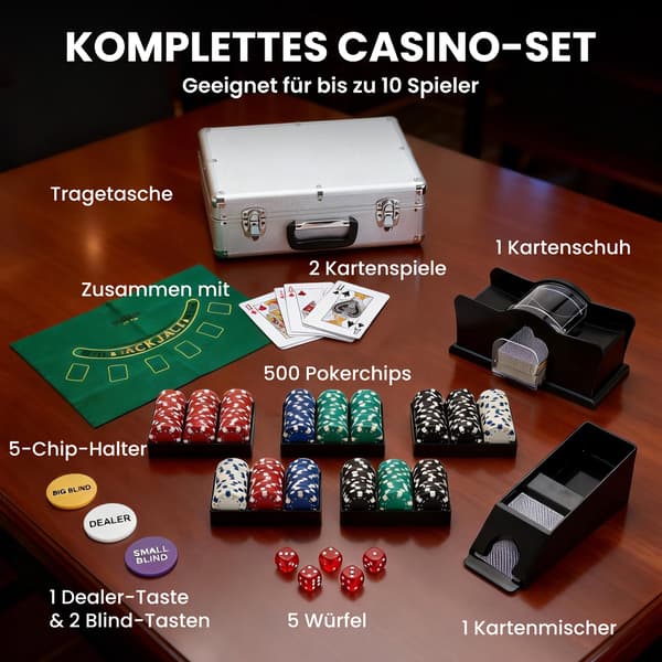 Poker sæt, 500 chips, terninger, 2 kortspil, tilbehør, kuffert, til 10 spillere