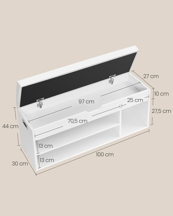 Skobänk 100x30x44 cm vit förvaring