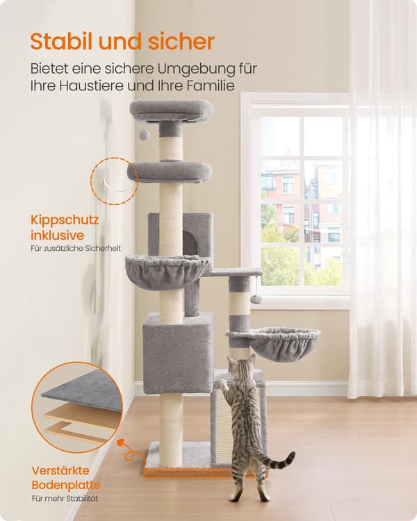 Klatretre til katt 174 cm med stor platform og dobbel hule, duegrå