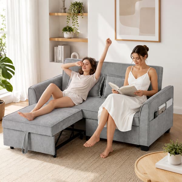 2-sits bäddsoffa 4-i-1 L-formad bäddsoffa med justerbar ryggstöd och sidofickor, grå