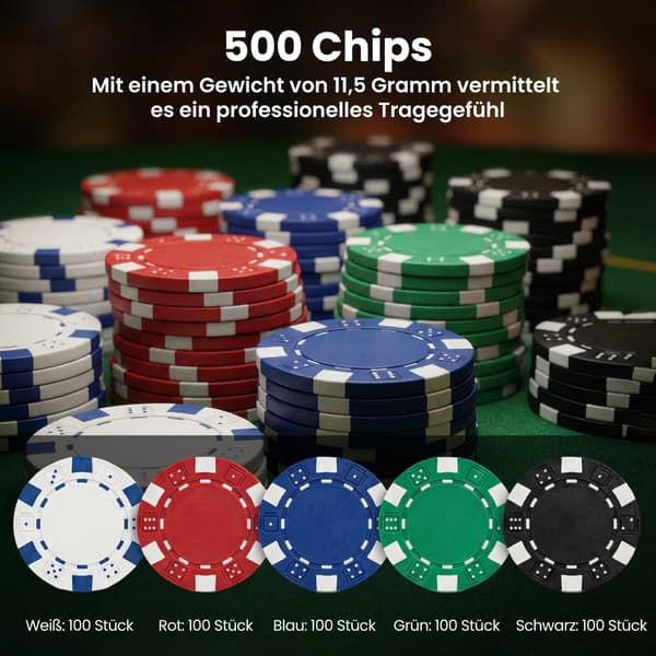 Poker sæt, 500 chips, terninger, 2 kortspil, tilbehør, kuffert, til 10 spillere