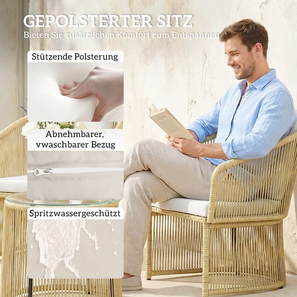 Rattan Bistro Set 3-delars Trädgårdsmöbelset Krämvit
