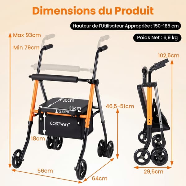 Sammenklappelig 4-hjulet rollator 56x64x79-93 cm orange/sort