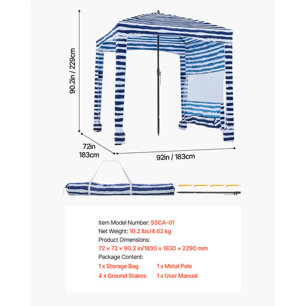 Strandkabine 183x183x229 cm Navy Striber Solskærm