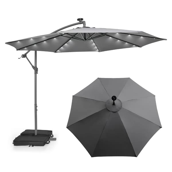 Parasol med solcelle-LED-lys og sandposer Ø300 cm grå