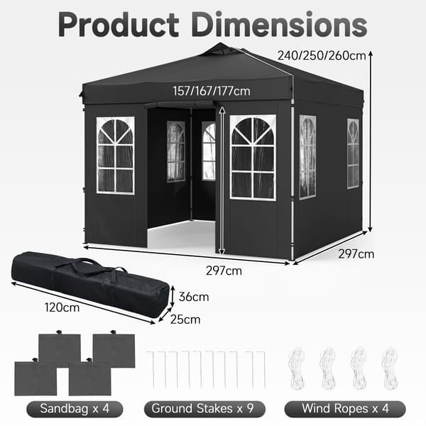 Pop-up pavillon 300x300x259-279 cm sort