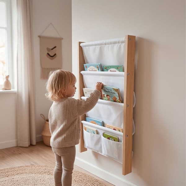 Barns väggbokhylla med tygfickor, Kodustaar