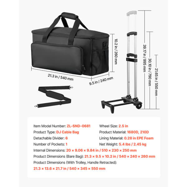 DJ-kabeltaske, 50.8x23.9x26.4 cm, sort, polstret opbevaring