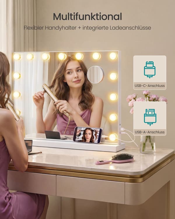 Hollywood-makeupspejl med 15 dæmpbare LED-lys