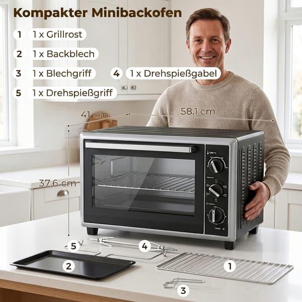Miniovn 46 l med grillspyd, luftcirkulation, termostat og timer, 1800 W, sort