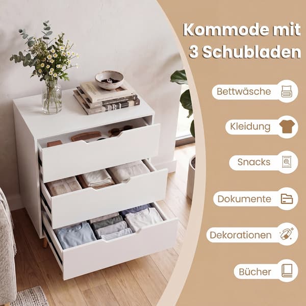 Kommode med 3 skuffer 69,5x40x79 cm hvid