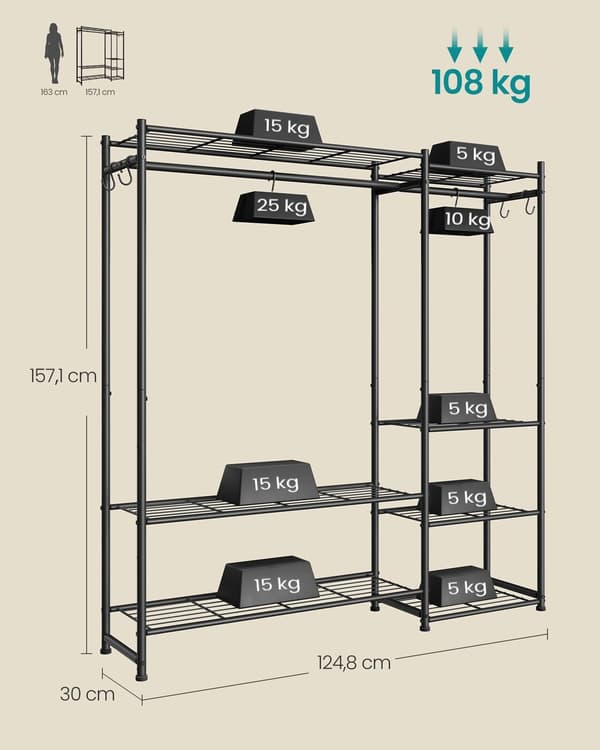 Tøjstativ, 30x124,8x157,1 cm, Sort, Stål