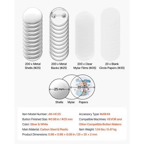 Påfyllningskit för knappmaskin 200 set Ø25 mm silver/vit