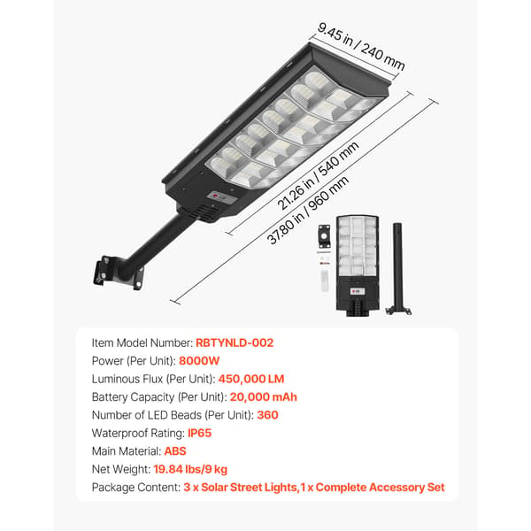 Solargatubelys, 8000W 450000LM, Utomhus, LED, Rörelsesensor, Vattentät, 3-pack