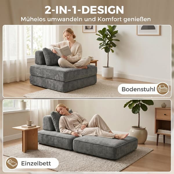 2-i-1 foldbar gulvstol seng 97x97x70 cm grå