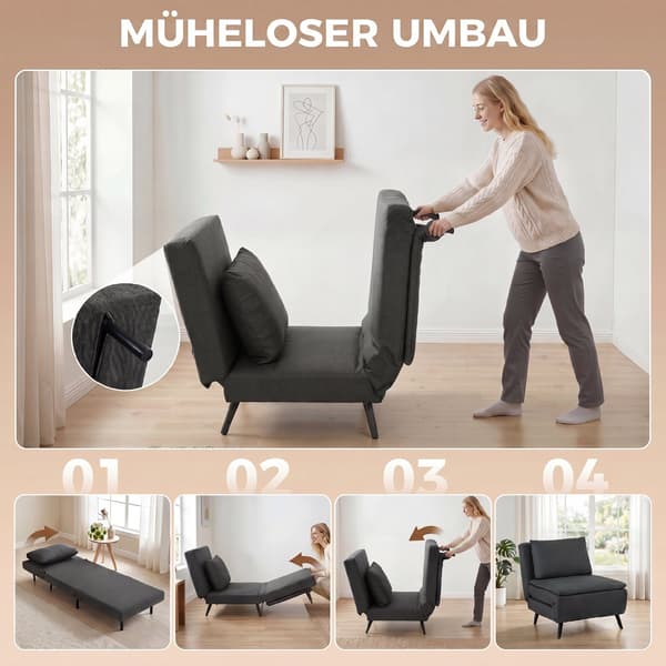 3-i-1 foldbar sove stol 90x89x79 cm mørkegrå